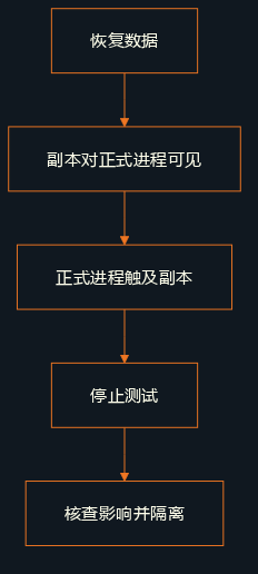 过程依次为恢复数据、发现副本仍可见、停止测试、核查影响,再改善隔离后重试。