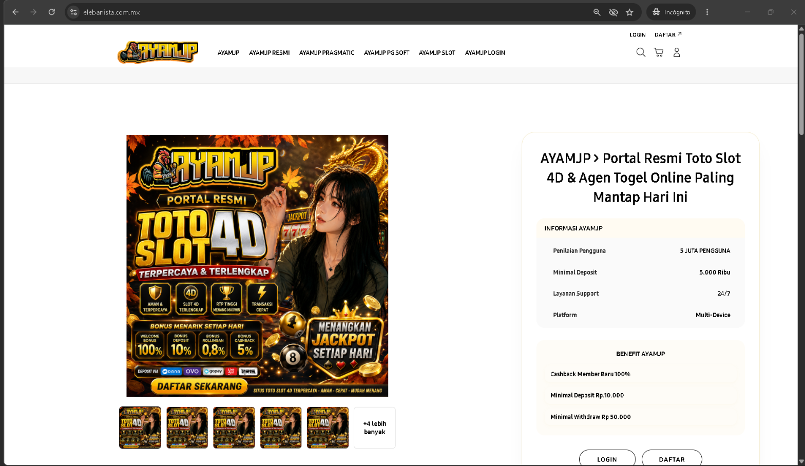 Captura de pantalla del navegador mostrando el dominio del cliente con contenido del atacante AYAMJP: portal de apuestas en línea con menú de juegos de azar, logo del atacante y botones de registro. La URL en la barra del navegador pertenece al cliente.