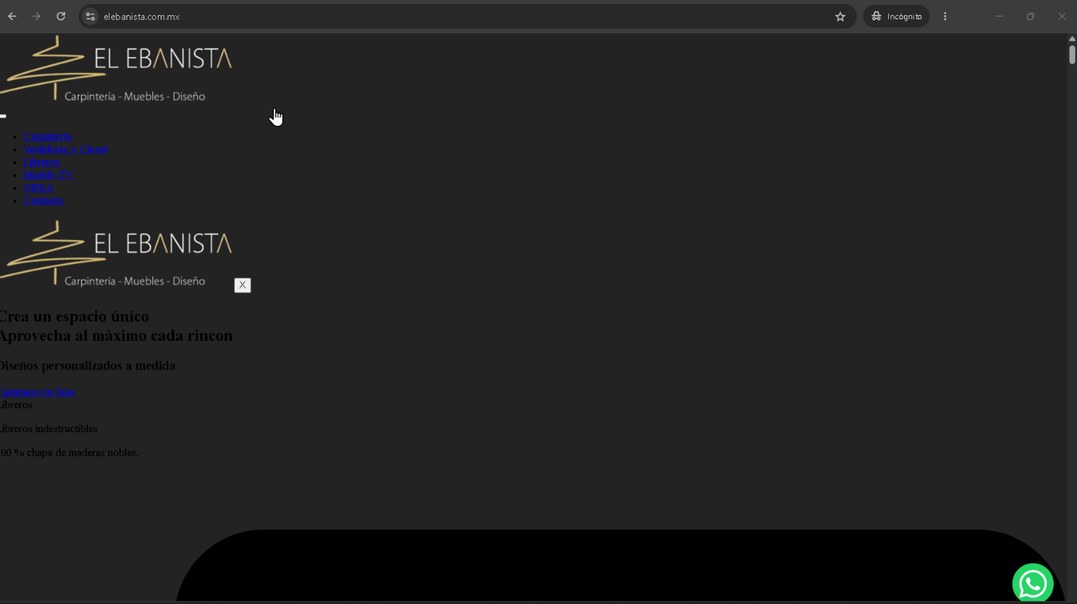 Captura de pantalla del navegador mostrando el sitio del cliente durante la fase de recuperación. El logo y el menú de navegación son visibles, pero la página aparece en fondo oscuro sin estilos completos cargados.