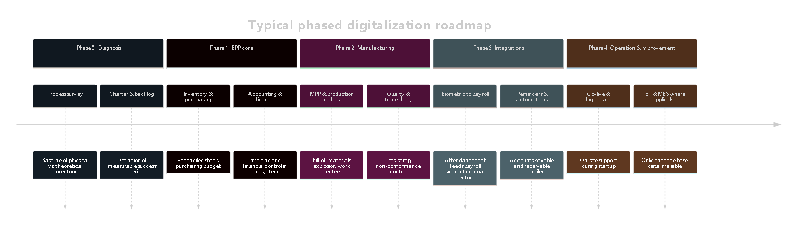 Diagram 4 — Phased roadmap. Each phase delivers value on its own and enables the next one; you can pause between phases without losing what you invested.
