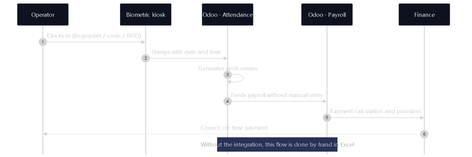 Diagram 7 — The biometric-to-payroll integration. It eliminates manual re-entry in Excel, which is costly, slow, and error-prone.