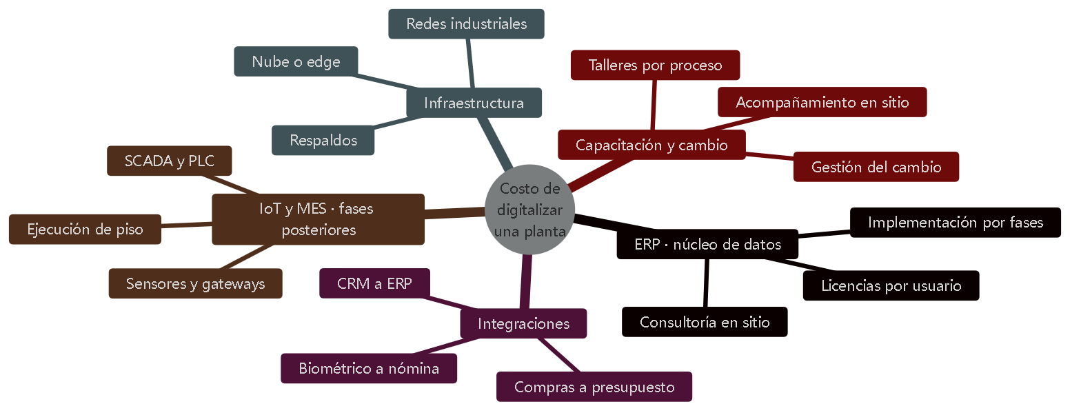 Diagrama 3 — Desglose costo-módulo. Cada rama es una línea presupuestal independiente que se puede escalonar en el tiempo.