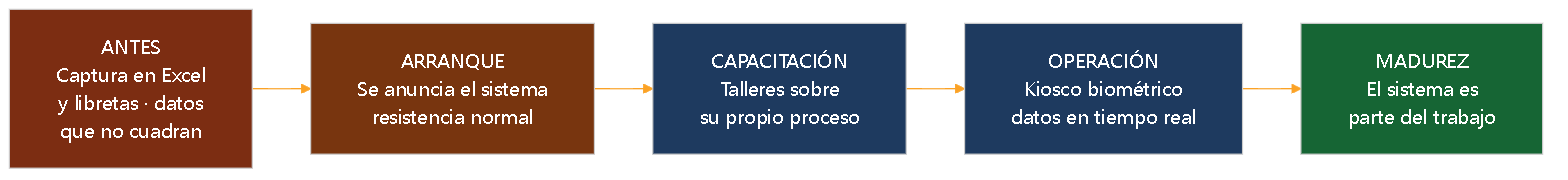 Diagrama 6 — El recorrido de adopción del usuario de planta. La resistencia inicial es normal y predecible; se gestiona con acompañamiento, no con un manual.