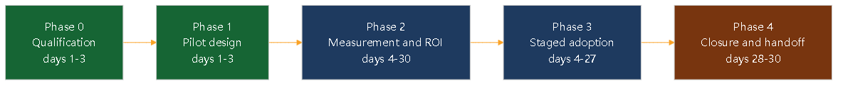 Diagram 3. Overview of Transgenia's 5 phases over 30 days: Phase 0 Qualification, Phase 1 Design, Phase 2 Measurement, Phase 3 Adoption, Phase 4 Handoff.